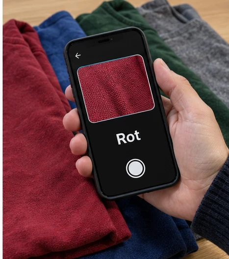 Smartphone zeigt eine erkannte Farbbezeichnung bei einem Kleidungsstück