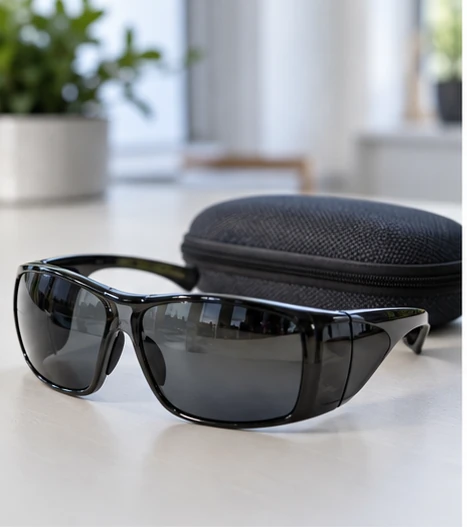Dunkle, seitlich gut abschließende Filterbrille auf einem Tisch