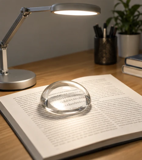 Lesestein auf einer Buchseite unter einer einstellbaren Schreibtischlampe