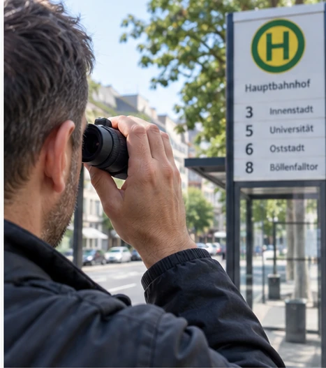 Person benutzt ein Monokular, um eine Anzeige an einer Haltestelle zu erkennen