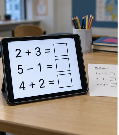 Tablet zeigt stark vergrößerte Rechenaufgaben neben einem Arbeitsblatt