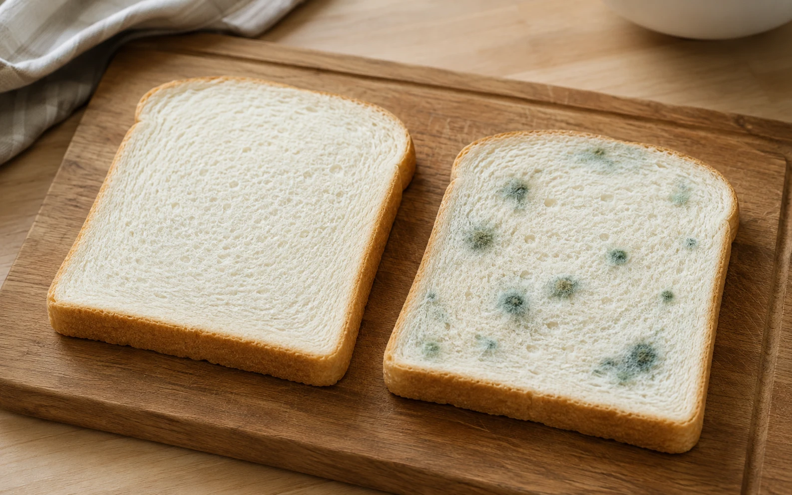 Brot auf einem Brett mit kleinen Schimmelstellen