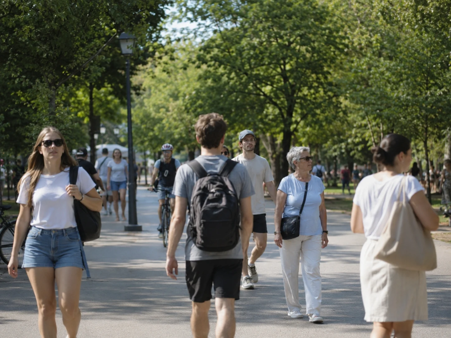 Belebter Parkweg im Sonnenschein