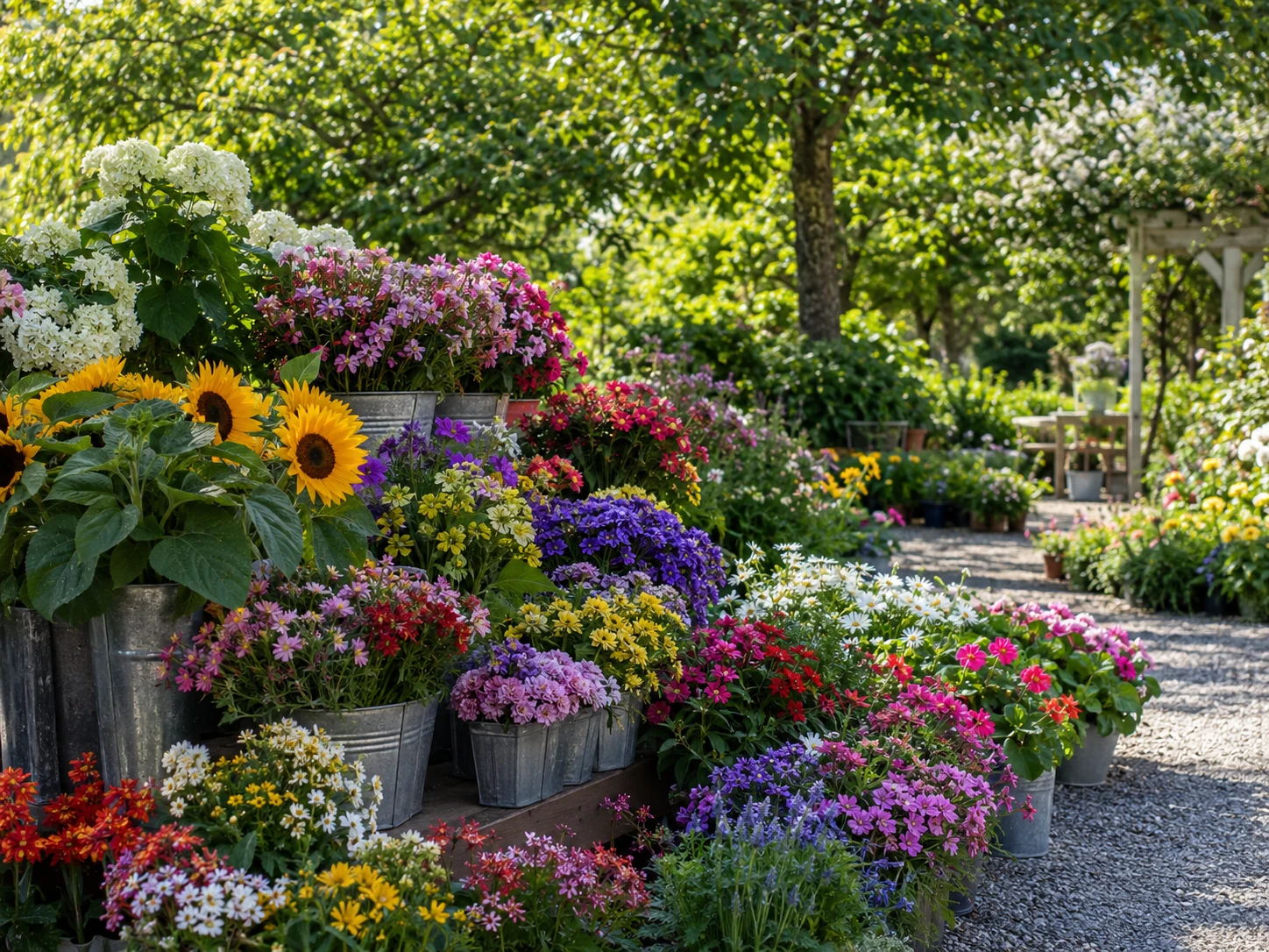 Blumenstand mit vielen verschiedenfarbigen Blüten