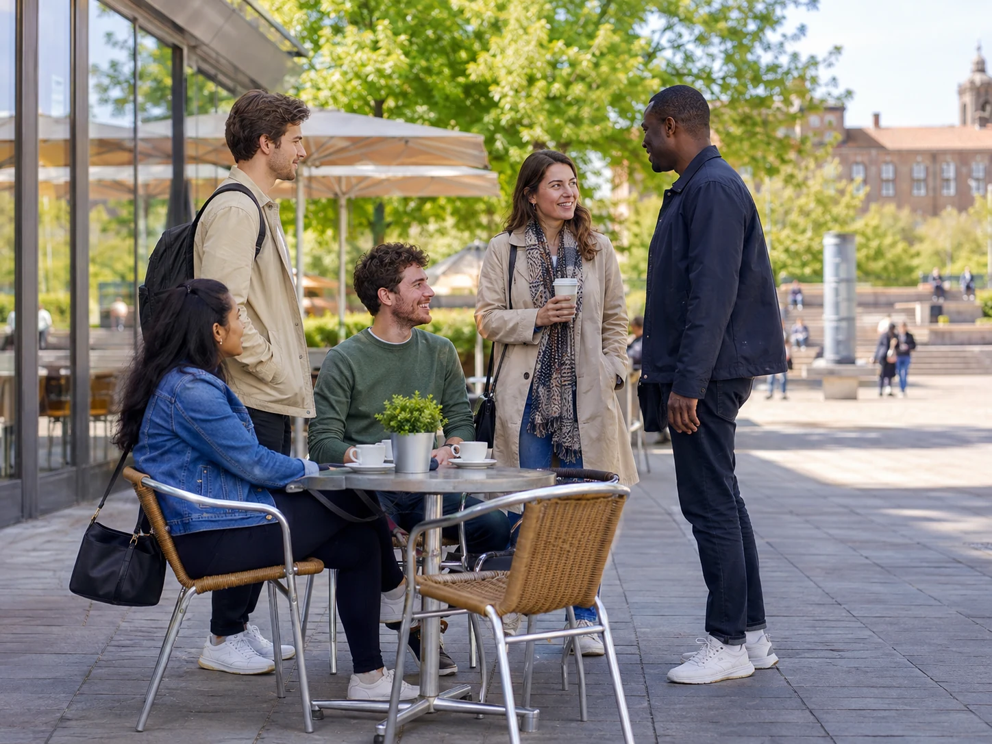 Mehrere Menschen im Gespräch an einem Café