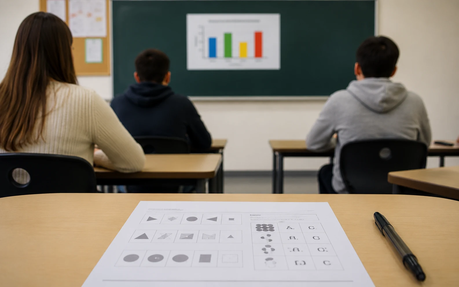 Klassenzimmer mit Tafelbild und Arbeitsblatt