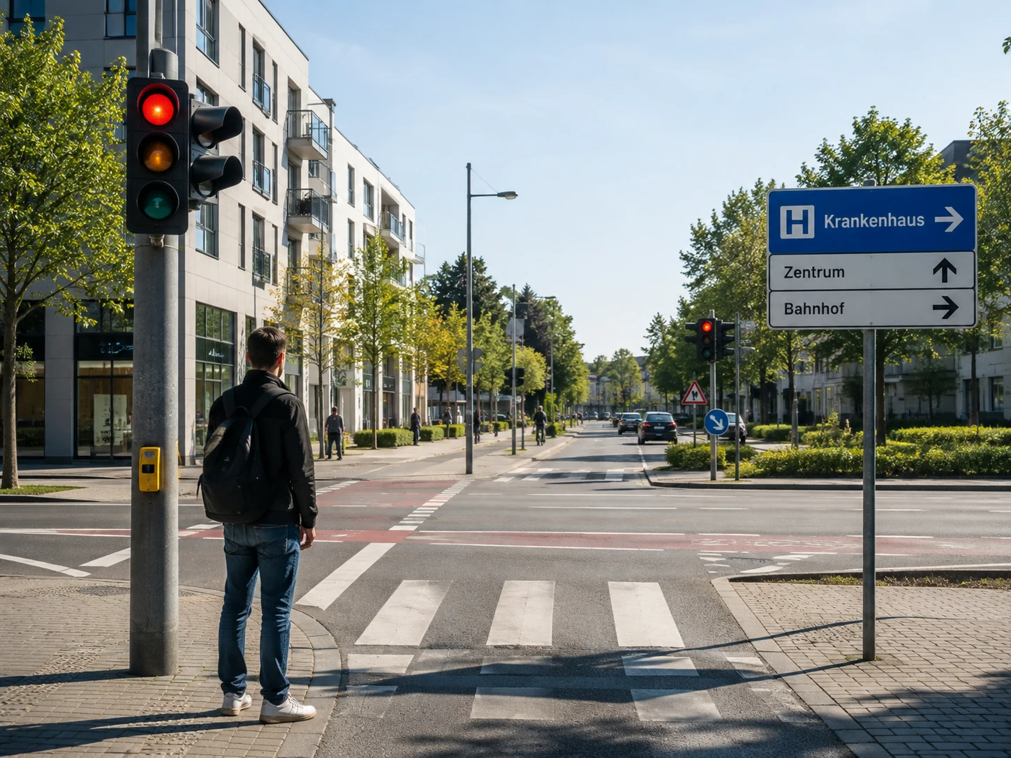 KI-generierte Beispielszene: städtische Kreuzung mit Ampel und Fußgängerüberweg