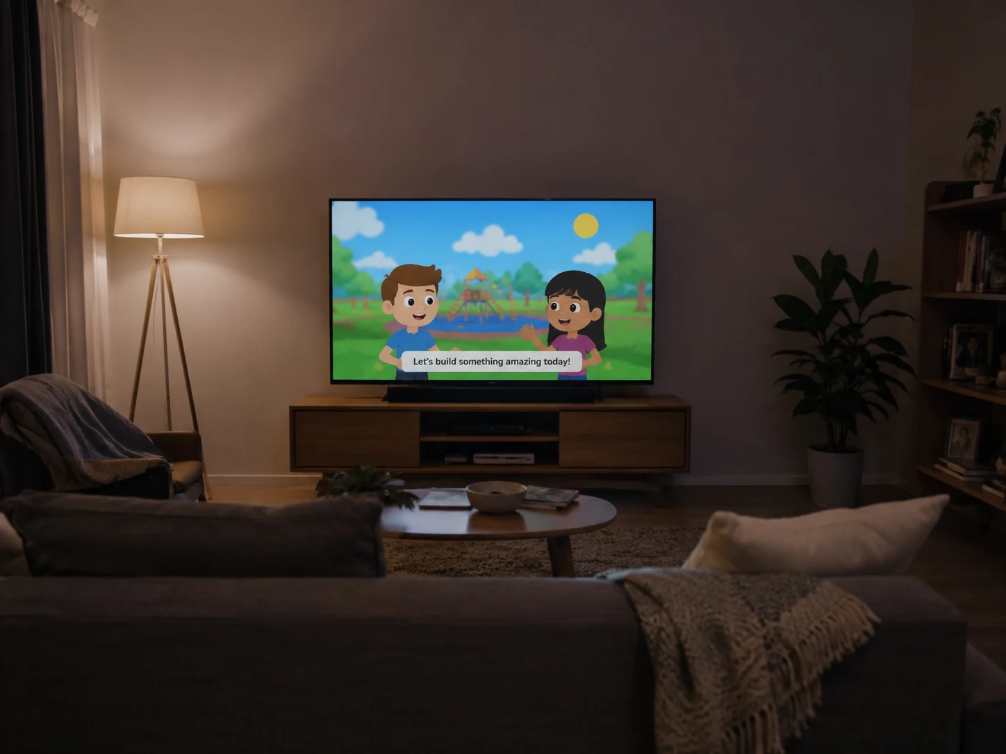 Wohnzimmer mit großem Fernseher, auf dem eine farbige Zeichentrickszene läuft – unveränderte KI-Beispielszene