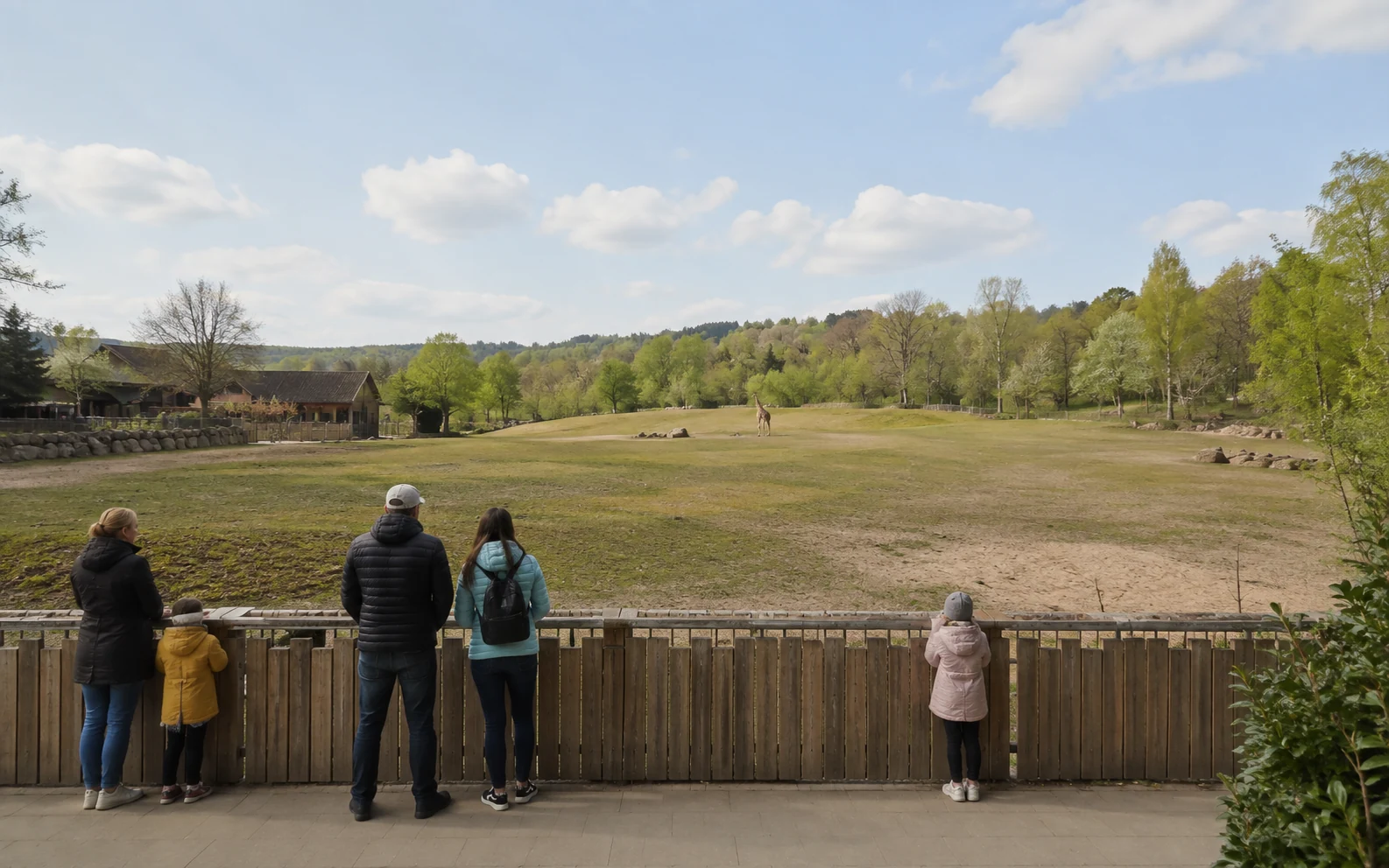 Weit entfernte Giraffe in einem großen Zoo-Gehege